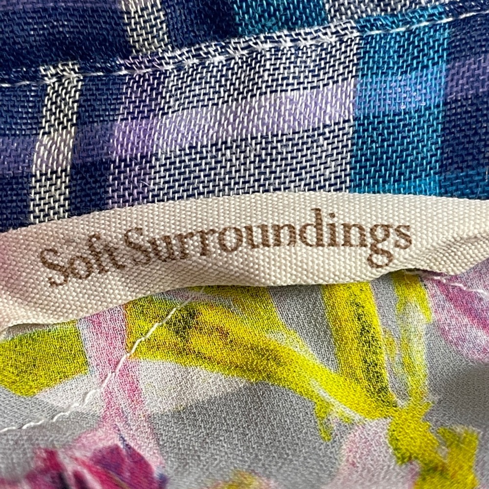 Soft‎ Surroundings Plaid Floral Embroidered Mesh Back Shirt Blue Pink Small Flaw - Picture 7 of 16